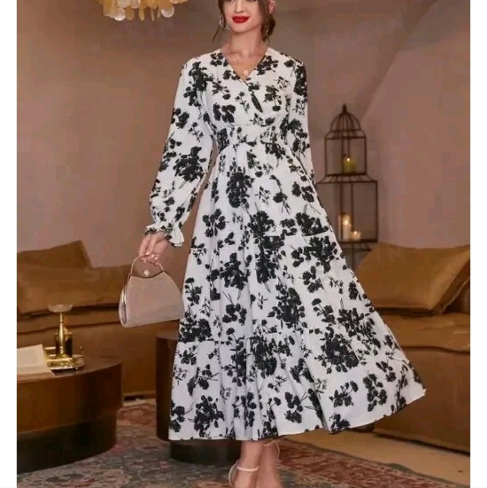 Elegant Black and White Floral Dress